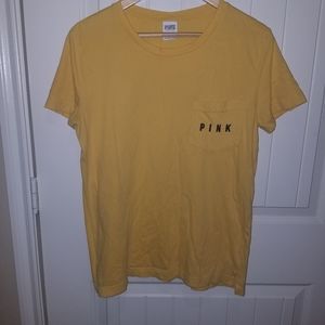 VICTORIAS SECRET PINK yellow mustard logo campus tee size small